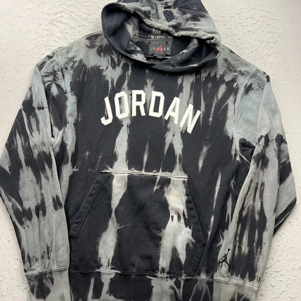 Jordan Tie Dye Hoodie Mens Medium Black Grey Spellout Jumpman Sweatshirt 2482